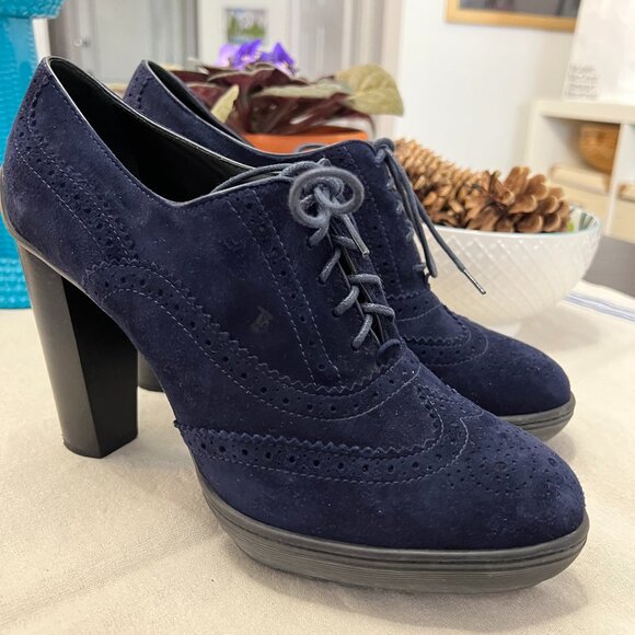 TOD'A HIGH HEEL DARK BLUE BROGUES - Picture 1 of 3